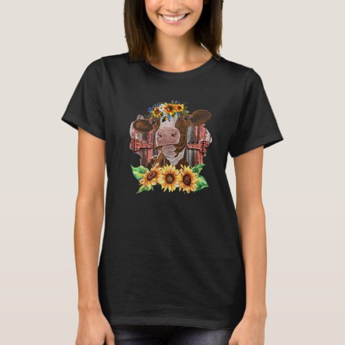 Sunflower Baby Cow Farm Animals Leopard Western Co T-Shirt