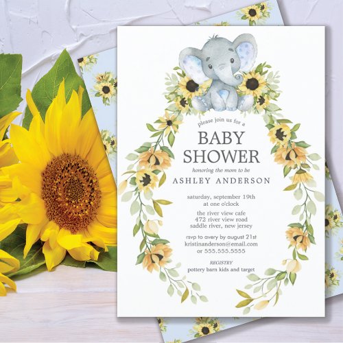 Sunflower  Baby Elephant Boys Baby Shower Invitation