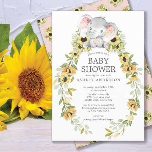 Sunflower  Baby Elephant Girls Baby Shower Invitation