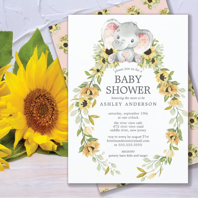 Sunflower & Baby Elephant Girls Baby Shower Invitation (Creator Uploaded)