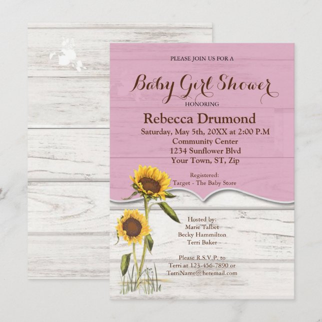 Sunflower Baby Girl Shower Whitewashed Barn Wood Enclosure Card (Front/Back)