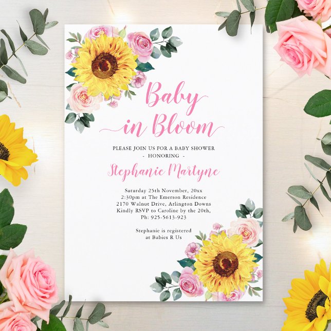 Sunflower Baby In Bloom Pink Floral Baby Shower Invitation (Creator Uploaded)