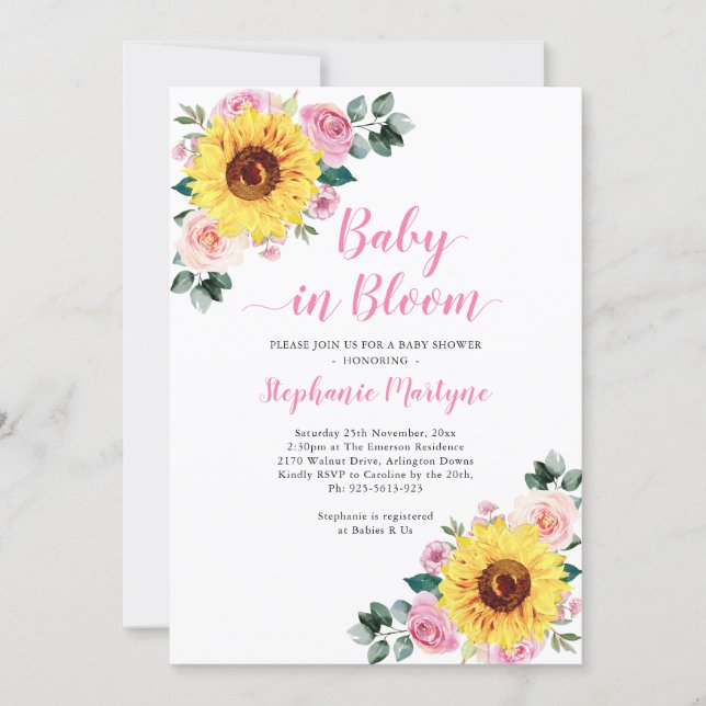 Sunflower Baby In Bloom Pink Floral Baby Shower Invitation