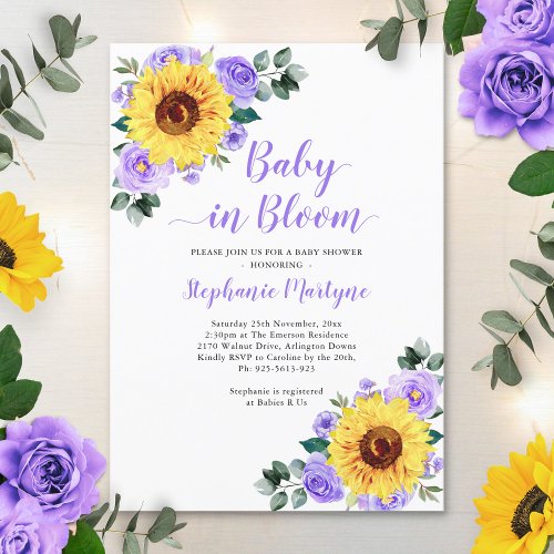 Sunflower Baby In Bloom Purple Floral Baby Shower Invitation