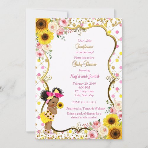 Sunflower baby shower invitation, pink and yellow invitation