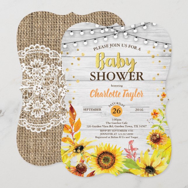 Sunflower baby shower invitation rustic wood (Front/Back)