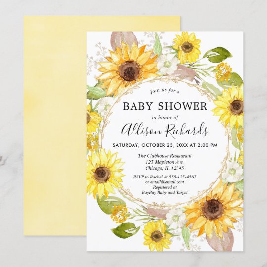 Sunflower baby shower invitations watercolor
