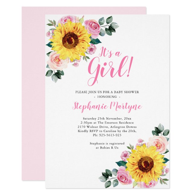 Sunflower Baby Shower It's A Girl Pink Invitation