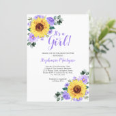 Sunflower Baby Shower Its A Girl Purple Invitation (Standing Front)