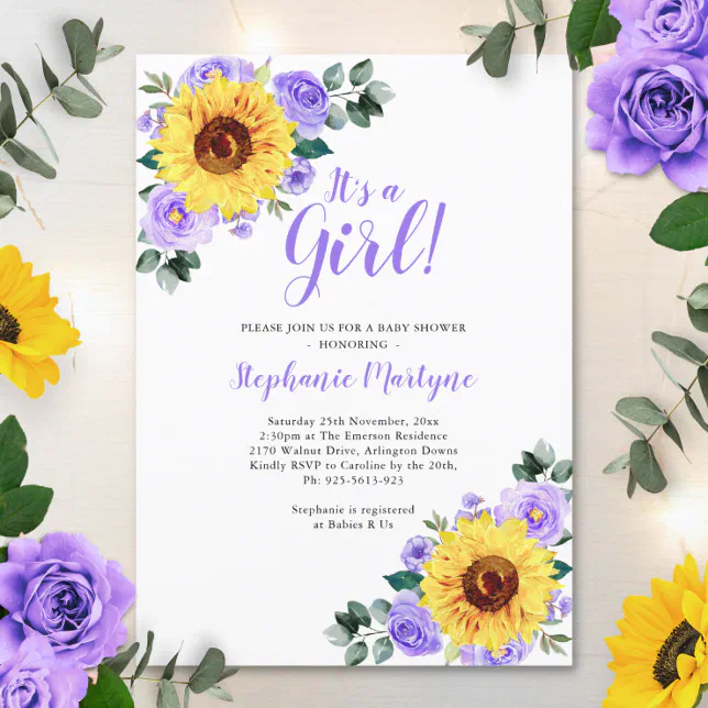 Sunflower Baby Shower Its A Girl Purple Invitation | Zazzle