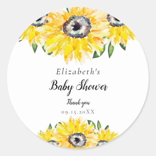 Sunflower Baby Shower Script Modern Floral Chic Classic Round Sticker