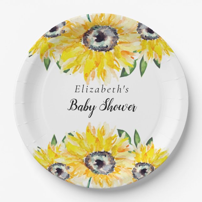 Sunflower Baby Shower Script Personalized Floral Paper Plates (Front)