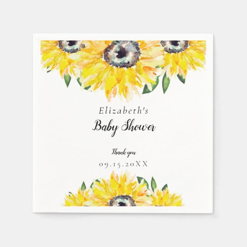 Sunflower Baby Shower Script Watercolor Elegant  Napkins