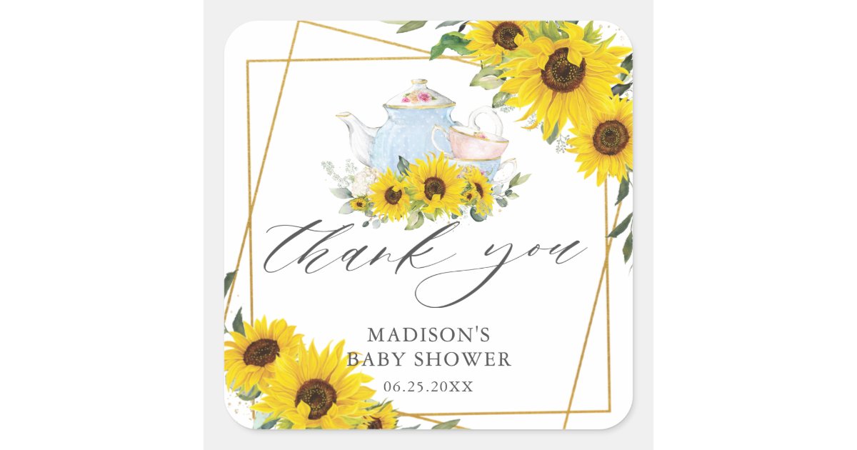 Sunflower Baby Shower Tea Party Thank You Favor Square Sticker | Zazzle