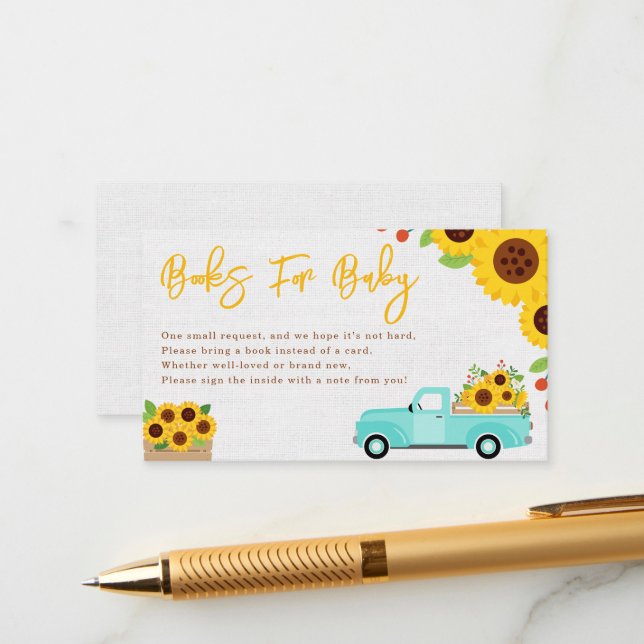 Sunflower Baby Shower Truck Fall Books for Baby Enclosure Card (Front/Back In Situ)