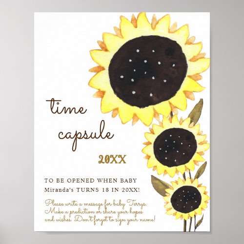 Sunflower Baby Shower watercolor Time Capsule Poster