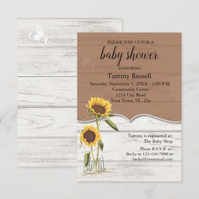 Sunflower Baby Shower Whitewashed Barn Wood RSVP Card (Front/Back)
