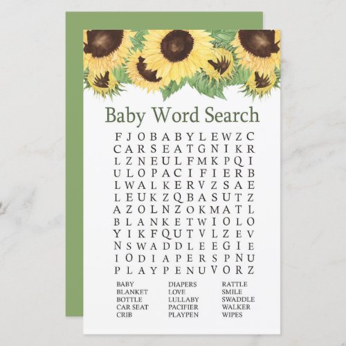 Sunflower Baby Shower Word Search Game