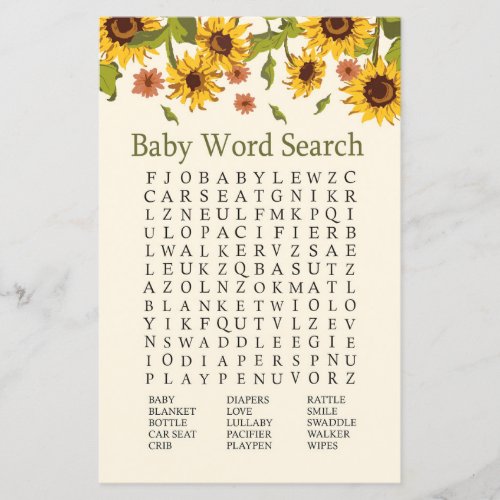 Sunflower Baby Shower Word Search Game