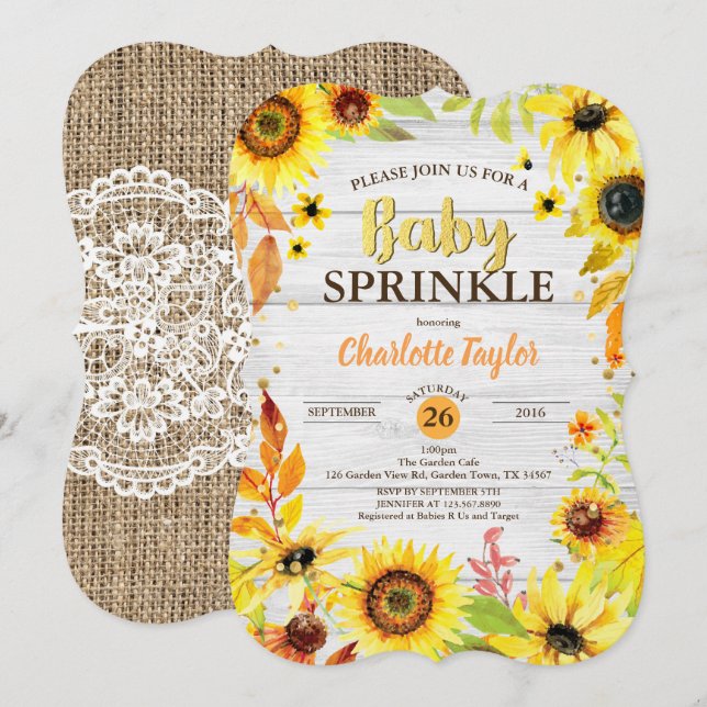 Sunflower baby sprinkle invitation rustic wood (Front/Back)