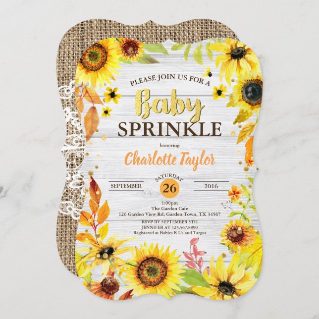 Sunflower baby sprinkle invitation rustic wood (Front/Back)