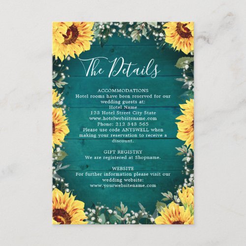 Sunflower Babys Breath Border Teal Wedding Details Enclosure Card
