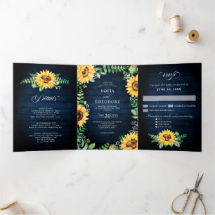Sunflower baby's breath Navy blue Floral Wedding Tri-Fold Announcement