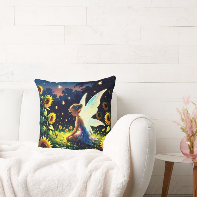 Sunflower Background with a Fairy and Fireflies Throw Pillow (Couch)