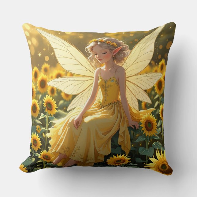 Sunflower Background with a Fairy  Throw Pillow (Front)