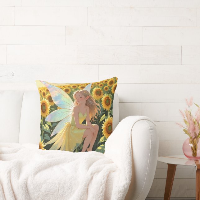 Sunflower Background with a Fairy  Throw Pillow (Couch)