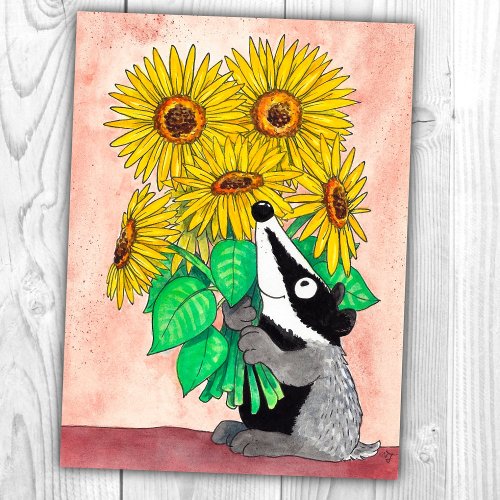 Sunflower Badger postcard by Nicole Janes