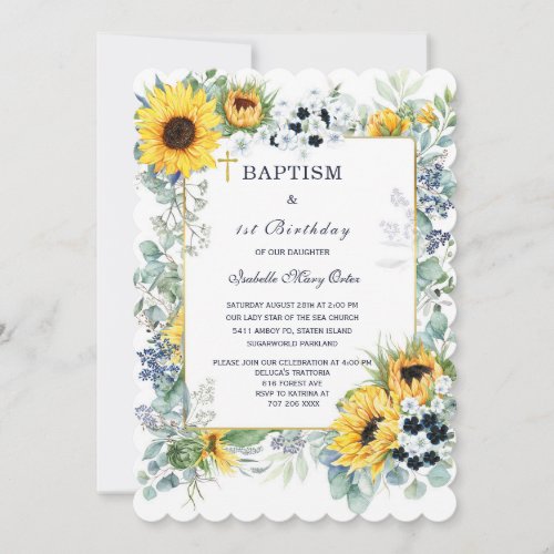  Sunflower Baptism and First Birthday  Invitation