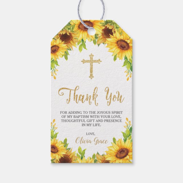 Sunflower Baptism Christening Thank You Favor Gift Tags (Front)