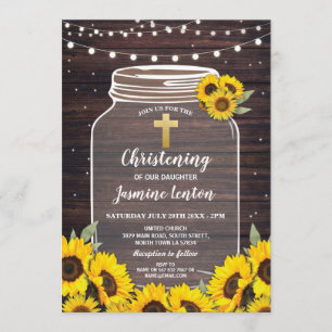 Sunflower Baptism Cross Christening Wood Jar Invitation