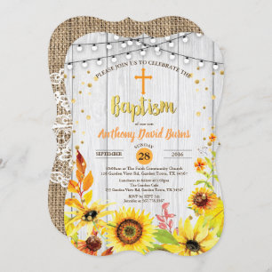 Sunflower baptism invitation rustic wood burlap