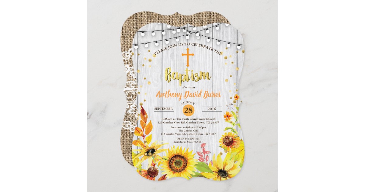 Sunflower baptism invitation rustic wood burlap Zazzle