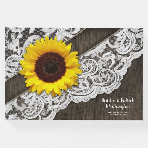 Sunflower Barn Wood and Lace Wedding Guest Book