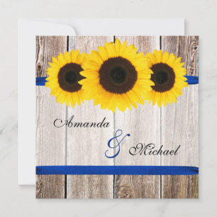 Sunflower Barn Wood Blue Ribbon Wedding Invitation