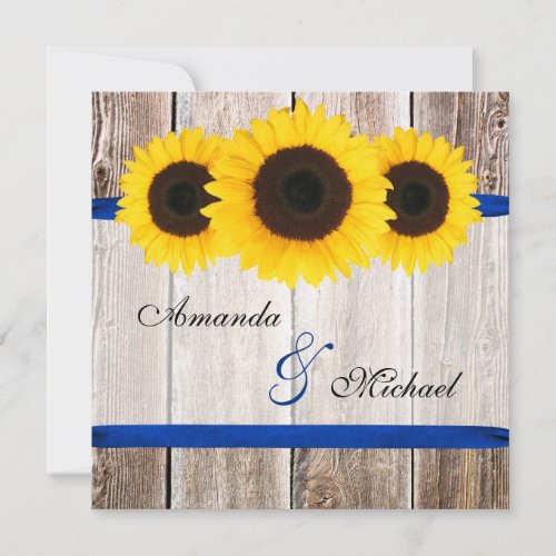 Sunflower Barn Wood Blue Ribbon Wedding Invite