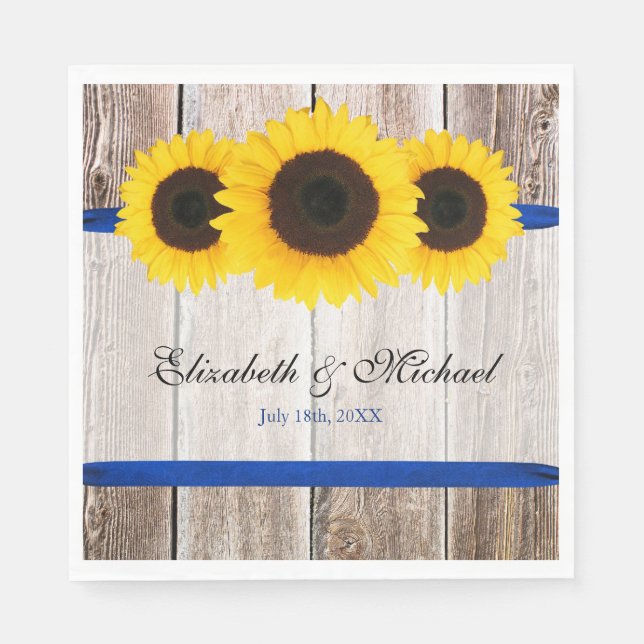 Sunflower Barn Wood Blue Ribbon Wedding Napkins (Front)