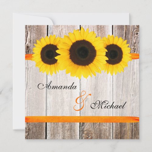 Sunflower Barn Wood Orange Ribbon Wedding Custom Invites