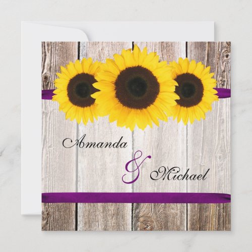 Sunflower Barn Wood Purple Ribbon Wedding Personalized Invite