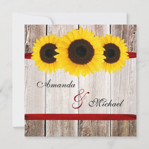 Sunflower Barn Wood Red Ribbon Wedding Invitations