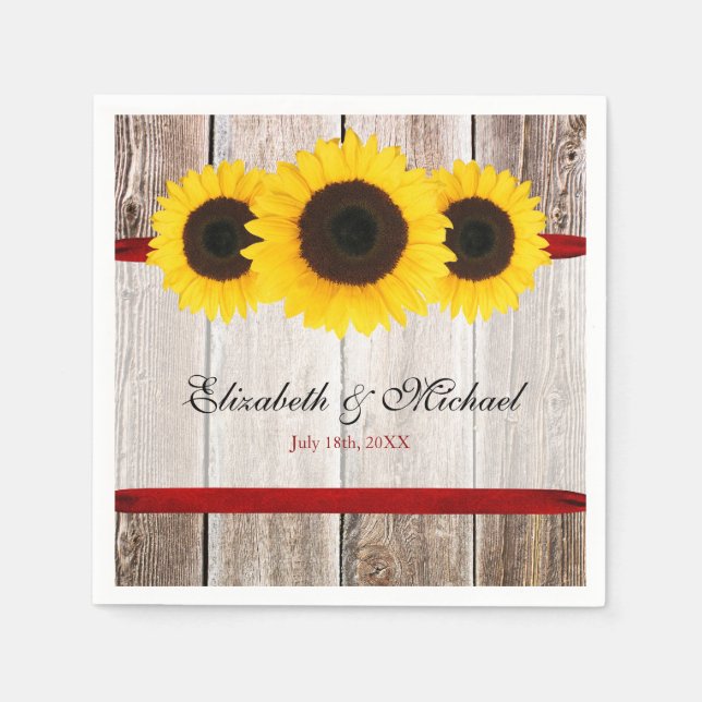 Sunflower Barn Wood Red Ribbon Wedding Napkins (Front)