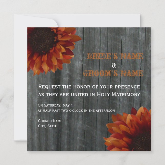 Sunflower & Barnwood Fall Wedding Invitation (Front)