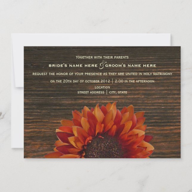 Sunflower & Barnwood Rustic Wedding Invitation (Front)