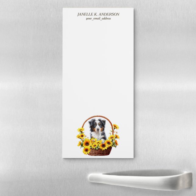 Sunflower Basket Australian Shepherd Dog Magnetic Notepad (In Situ)
