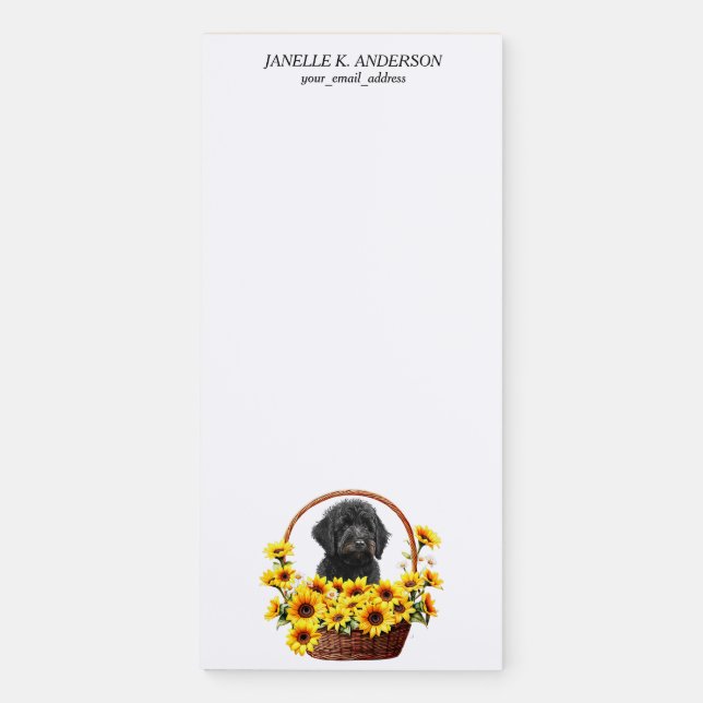 Sunflower Basket Black Labradoodle Dog Magnetic Notepad (Front)