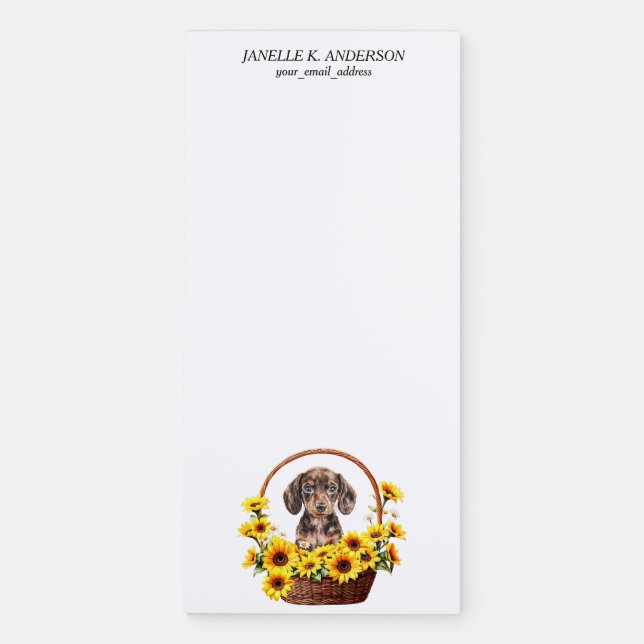 Sunflower Basket Brown Dachshund Puppy Magnetic Notepad (Front)