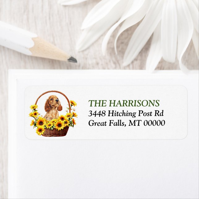 Sunflower Basket Buff Cocker Spaniel Puppy Label (Insitu)